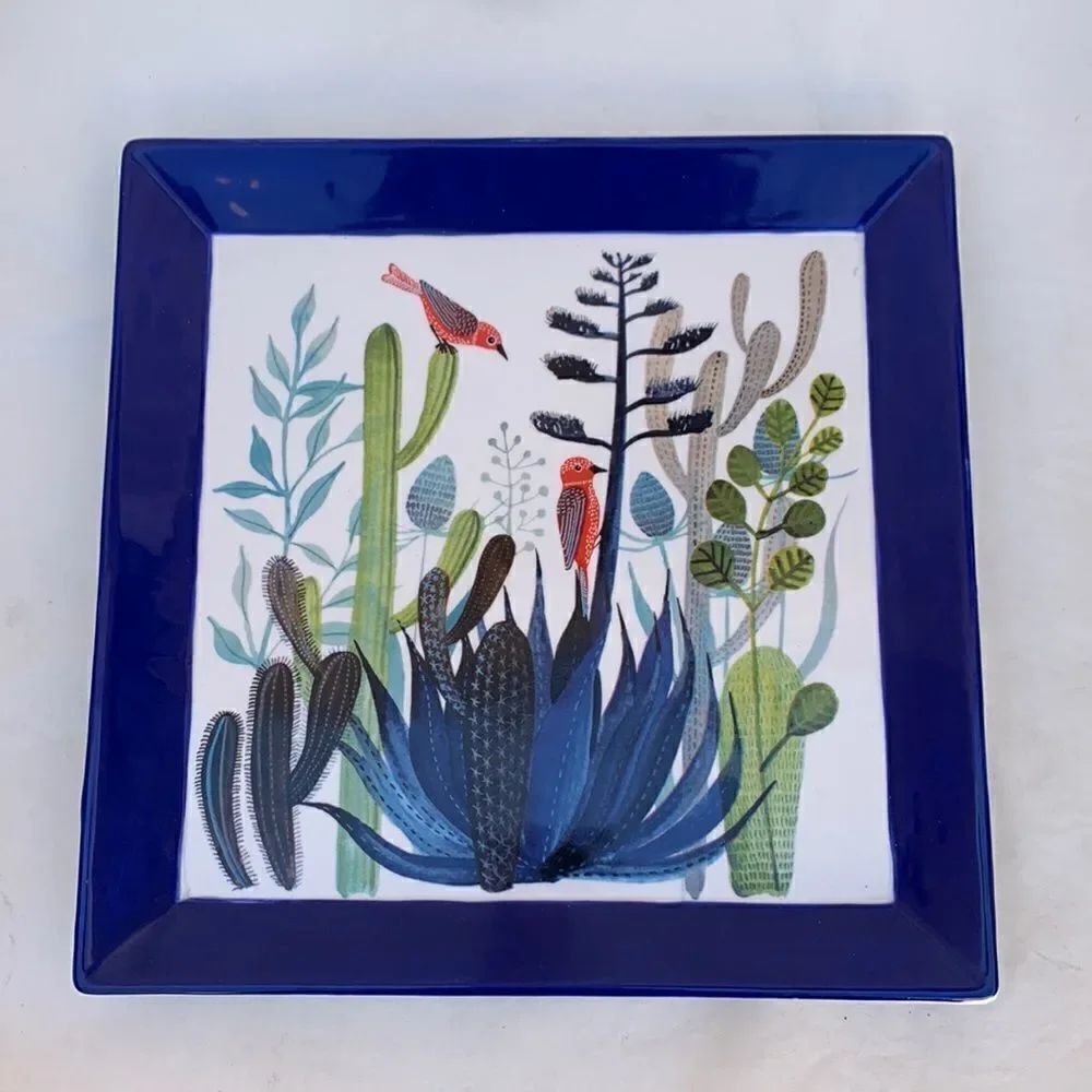 Hallmark Geninne Zlarkis Gold Crown 10 In Blue Dessert Cactus Hummingbird Plate